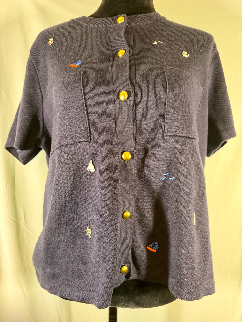Short-Sleeve Navy Embroidered Button-Front Cardigan